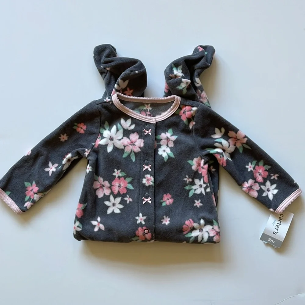Carter's Baby Cozy Pajamas, Dark Grey with Pink & Coral Flower Print, Sz 9 Month